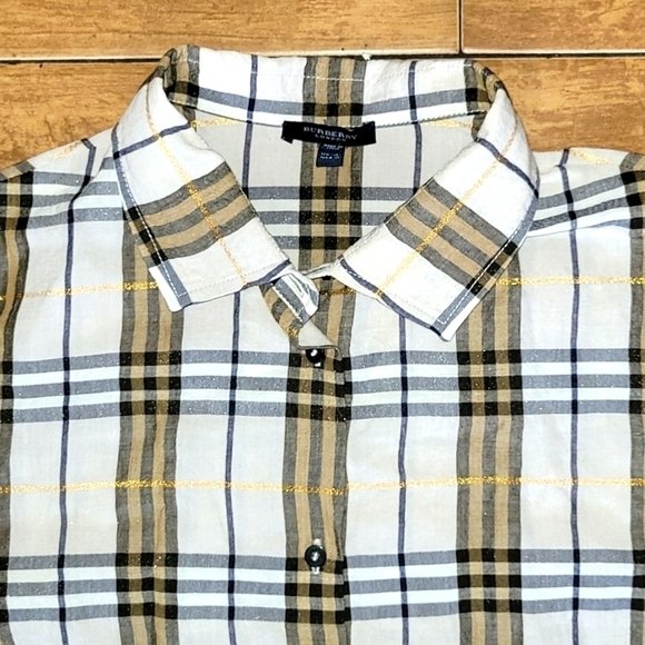 Burberry London Nova Check Plaids With Gold Metallic Details Shirt Size 14 - Picture 3 of 10